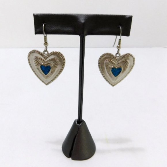 Triple Heart, Fish Hook Earrings, Silvertone, Faux Turquoise Center, Christmas - Picture 3 of 8